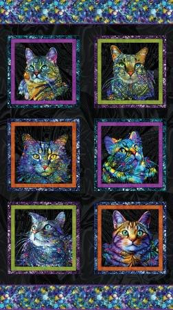 Cat Artistry Panel 24" Black Multi Peggy Collins Benartex 100% Cotton Fabric BE-16732-12