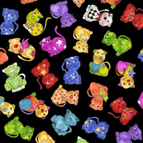 Cat Happy Tossed Cats Black Loralie Designs Cotton Fabric