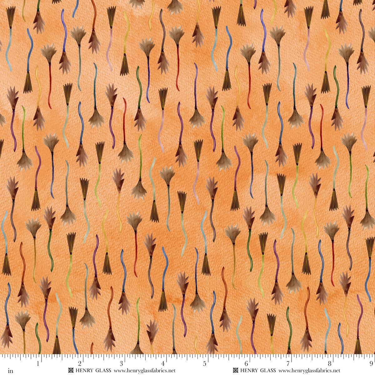 Cat House Broom Lineup Honey Orange Mayo Moreno Henry Glass Cotton Fabric HG-2592-49 | US Fabric Shop