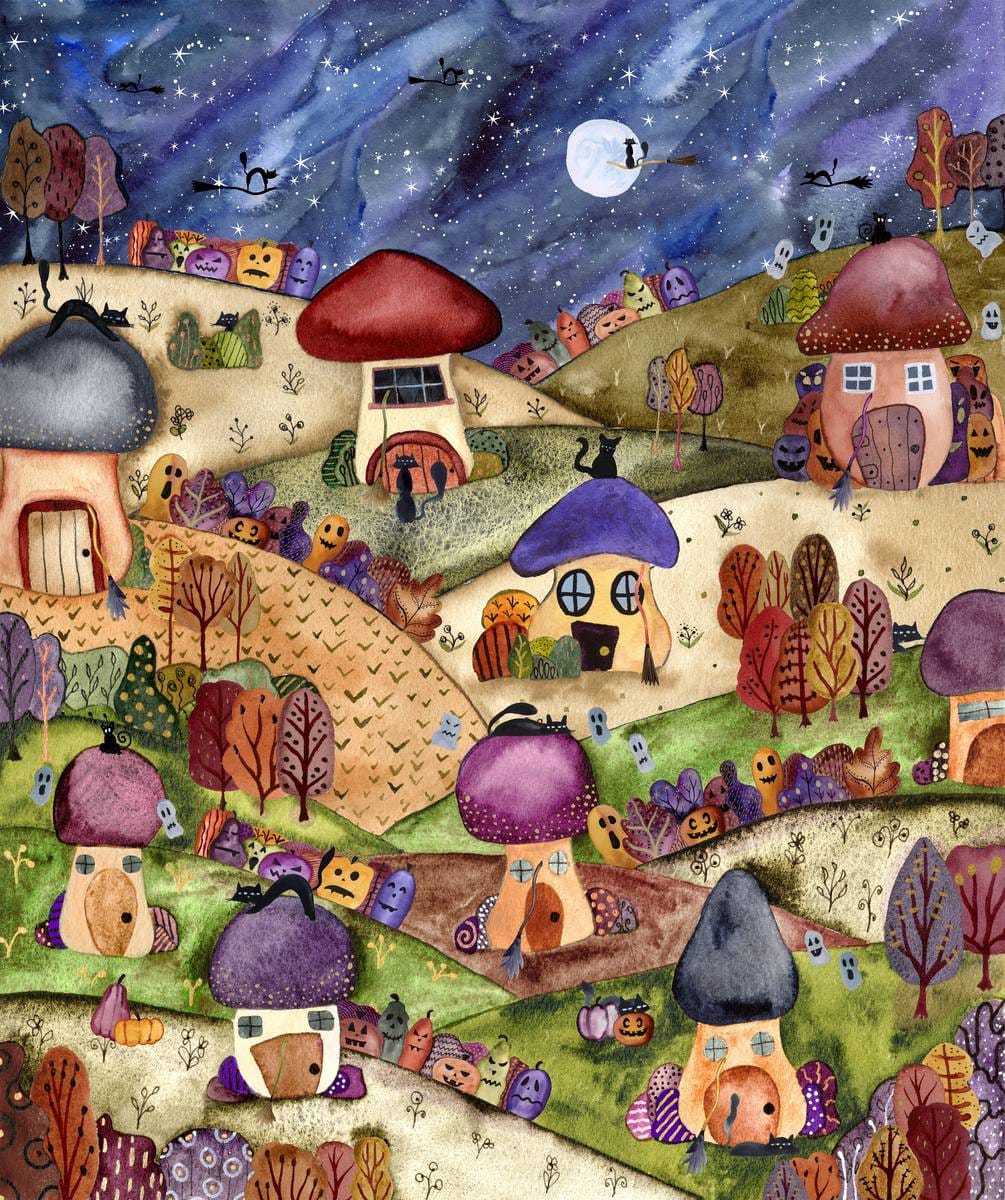 Cat House Toadstool Cat House Panel 36" Multi Mayo Moreno Henry Glass Cotton Fabric HG-2603P-104 | US Fabric Shop