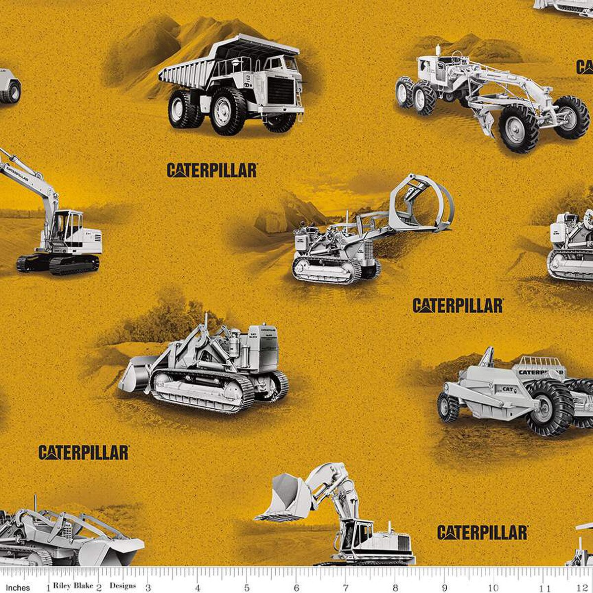 Caterpillar 100 Years Construction Equipment Yellow Licensed Riley Blake Cotton Fabric RB-CD16725-MULTI