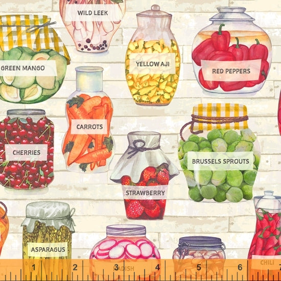 Certified Delicious Produce Vegetables and Fruits Jar Cream Digital Print Whistler Studios Windham Fabrics Cotton Fabric WF-52441D-1