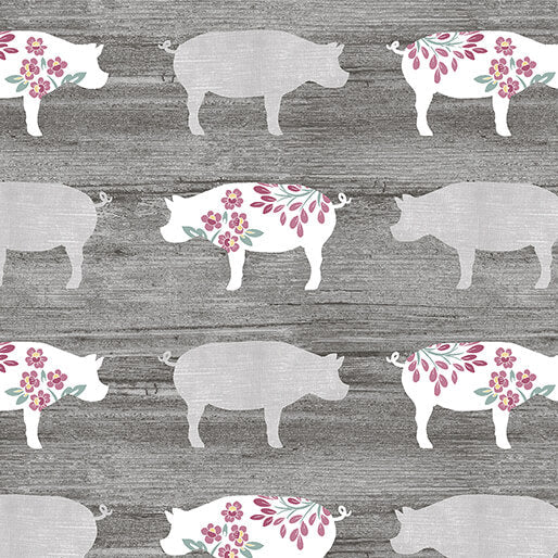 Chalk Barn Pretty Pigs Charcoal Grey Shannon Roberts Benartex Cotton Fabric BE-16322-15
