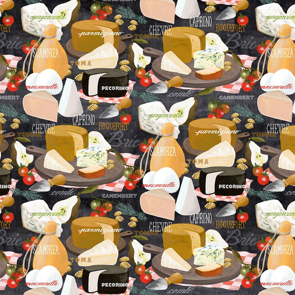 Charcuterie and Cheese Cheese Plate Allover Black Print Concepts Cotton Fabric