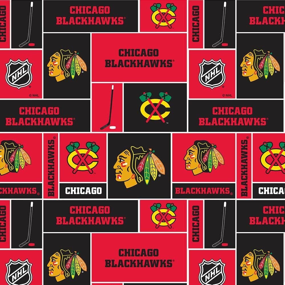 Chicago Blackhawks NHL Hockey Box Cotton Fabric NHL-840 BLK