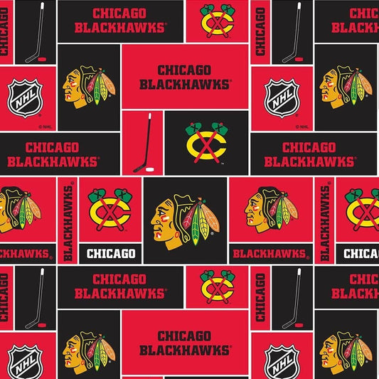 Chicago Blackhawks NHL Hockey Box Cotton Fabric NHL-840 BLK