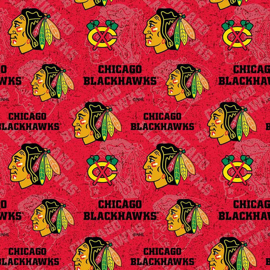Chicago Blackhawks NHL Hockey Tone on Tone in Red Design Cotton Fabric NHL-1199 BLK