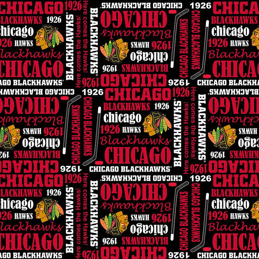 Chicago Blackhawks NHL Hockey Word Print Design Cotton Fabric NHL-1138 BLK