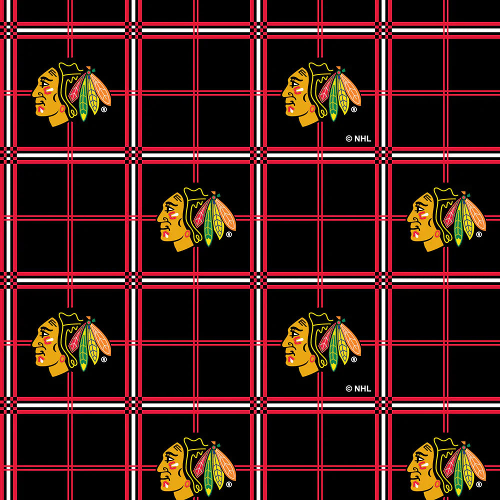 Chicago Blackhawks NHL Hockey Plaid FLANNEL Sykel Enterprises Cotton Fabric NHL-023-BLK
