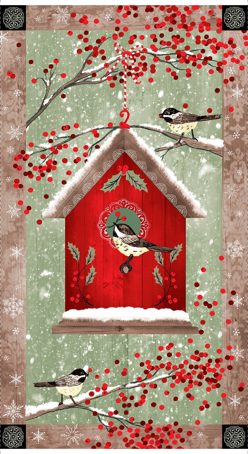 Chickadee Christmas Choir Birdhouse Panel 24” Multi Lucie Crovatto Studio E Cotton Fabric SE-6442P-86
