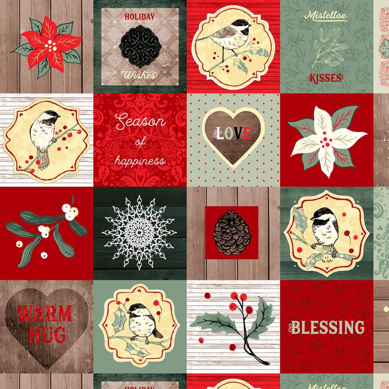 Chickadee Christmas Choir 6” Blocks Poinsettia Word Berries Bird Holiday Lucie Crovatto Studio E Cotton Fabric E-6439-86