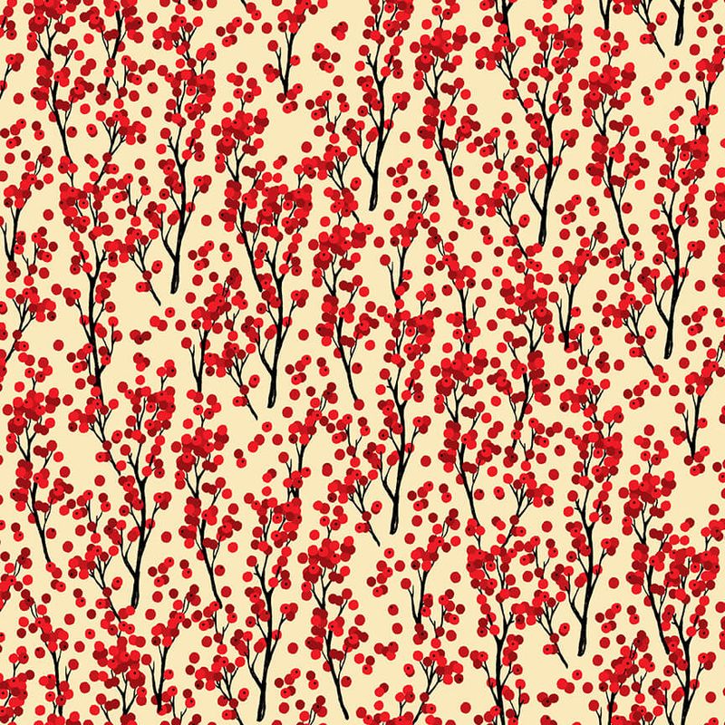 Chickadee Christmas Choir Berries on Branches Cream Lucie Crovatto Studio E Cotton Fabric SE-6437-8