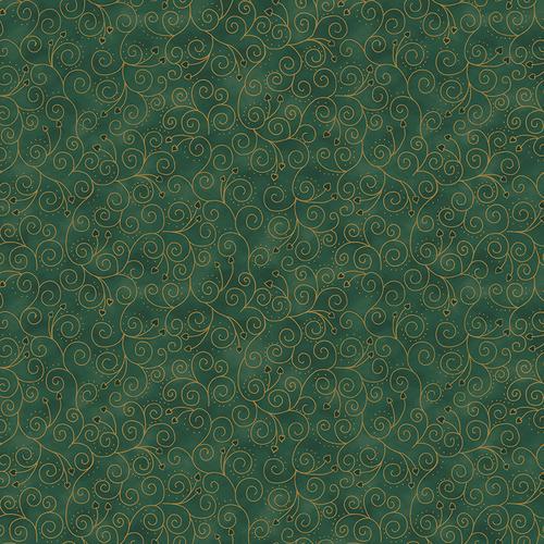 Christmas Is Near Scrolls Green Gold Metallic Stof Blank Quilting Cotton Fabric