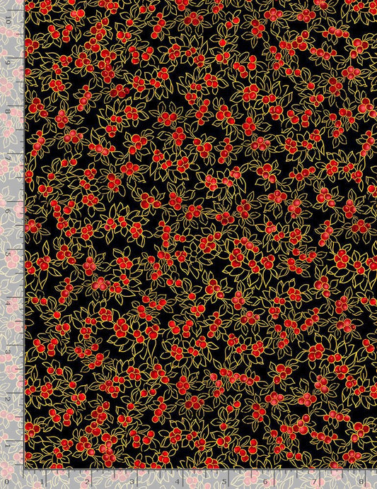 Christmas Joy Holiday Berries Metallic Black Timeless Treasures Cotton Fabric TT-CM1280-Black