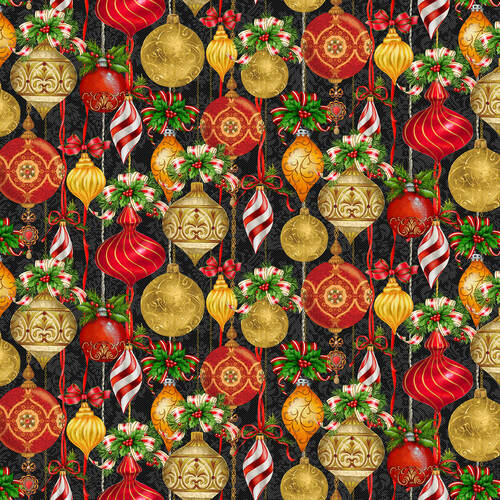 Christmas Legend Allover Ornaments black Bruce Park Henry Glass Cotton Fabric