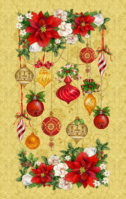 Christmas Legend Floral and Ornament Panel 24" Cream Bruce Park Henry Glass Cotton Fabric HG-9523P-33-Gold