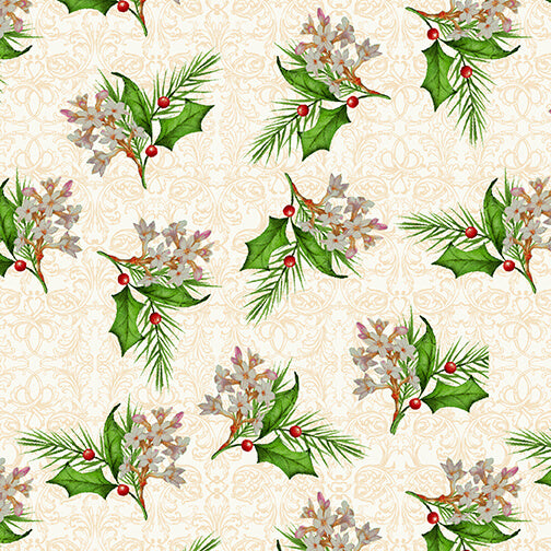 Christmas Legend II Holly Leaves Cream Bruce Park Henry Glass Cotton Fabric HG-258-44