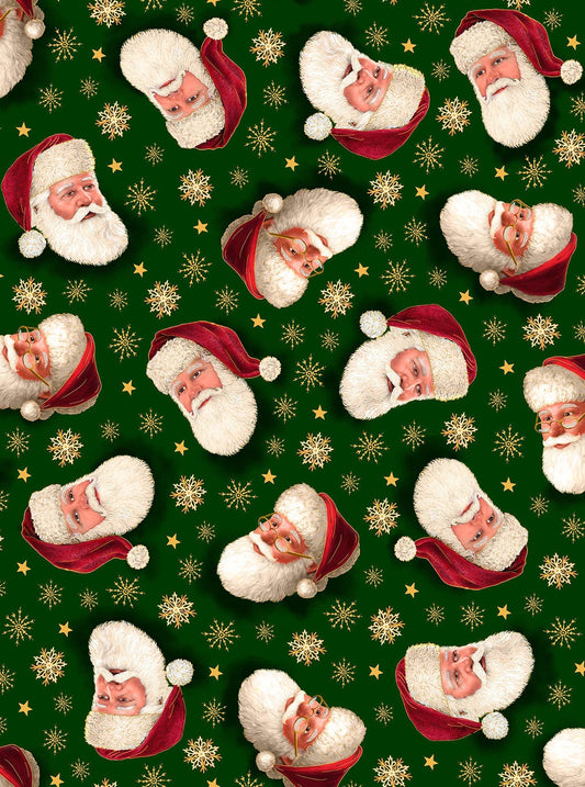 Christmas Eve Santa Head Toss Forest Green Quilting Treasures Cotton Fabric