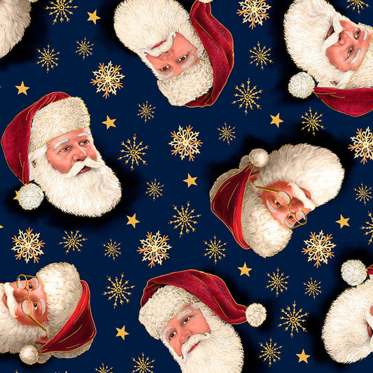 Christmas Eve Santa Head Toss Navy Blue Quilting Treasures Cotton Fabric