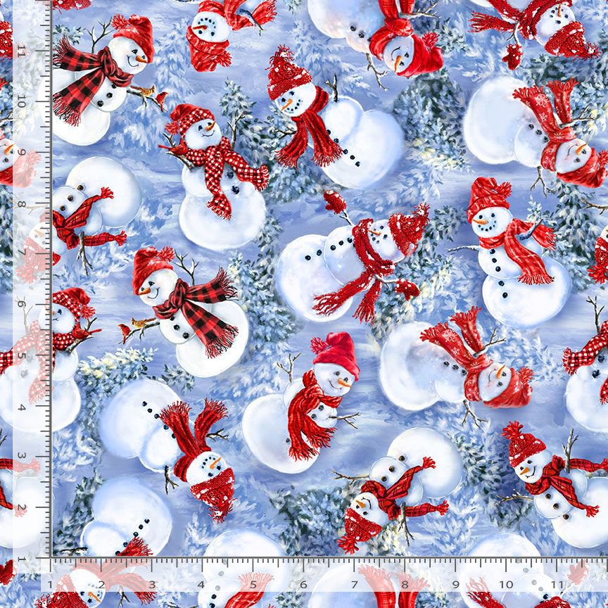 Christmas Eve Tossed Happy Snowman Blue Dona Gelsinger Timeless Treasures Cotton Fabric TT-DONA-CD3372-BLUE