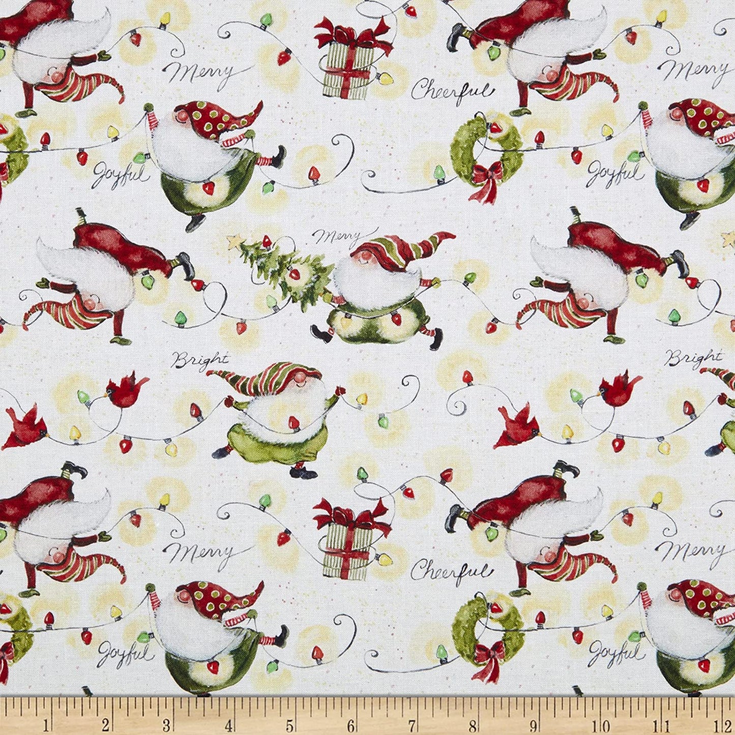 Christmas Gnomes and Lights White Susan Winget Springs Creative Cotton Fabric