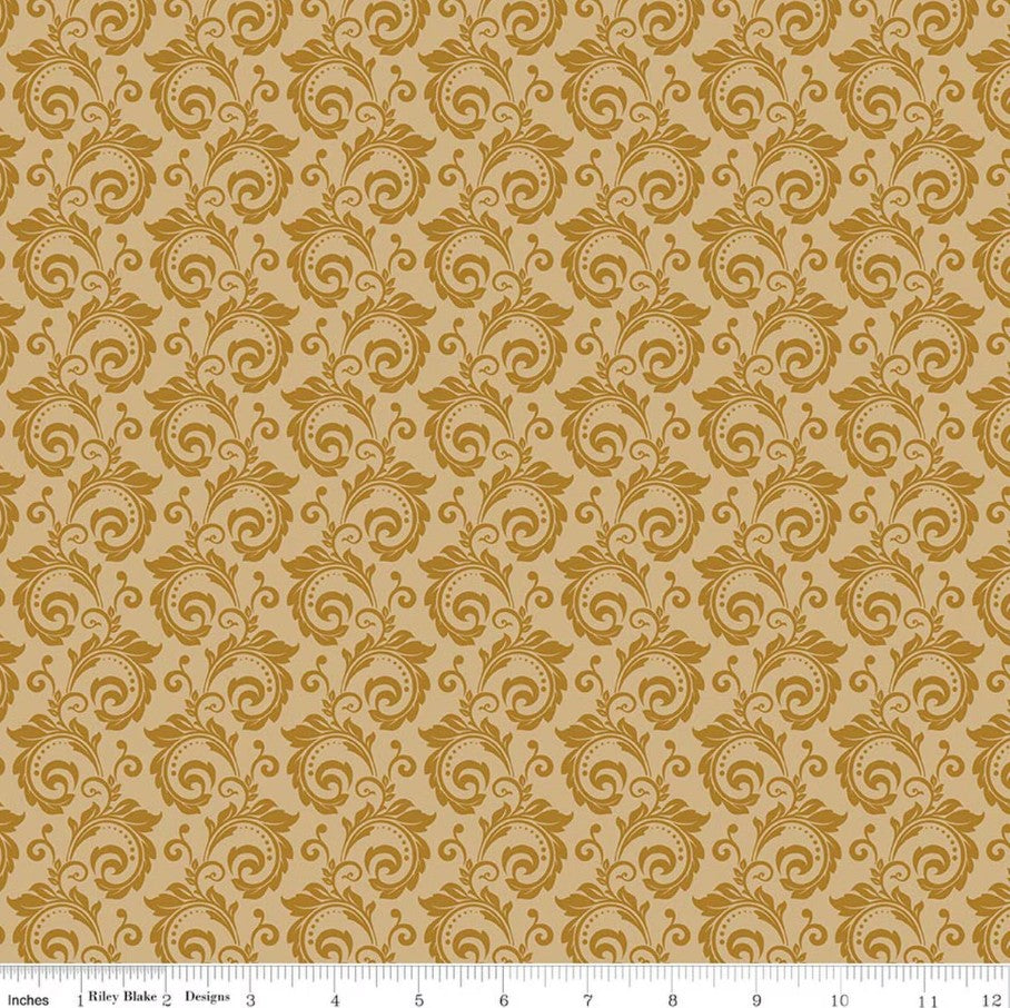 Christmas Greetings Scroll Gold Sandy Gervais Riley Blake Designs Cotton Fabric RB-C17664-GOLD