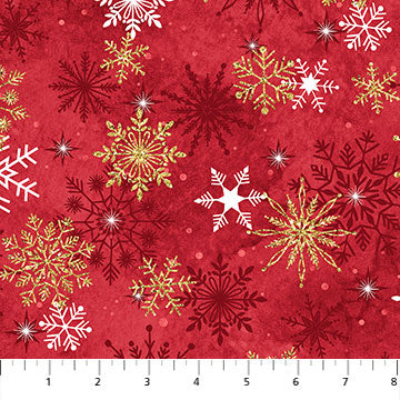 Christmas Joy Metallic Gold Snowflakes Light Red Tonal Deborah Edwards Linda Ludovico Northcott Cotton Fabric
