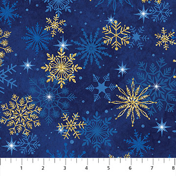 Christmas Joy Metallic Gold Snowflakes Royal Blue Tonal Deborah Edwards Linda Ludovico Northcott Cotton Fabric