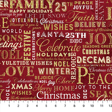 Christmas Joy Metallic Holiday Word Phrases Red Deborah Edwards Linda Ludovico Northcott Cotton Fabric
