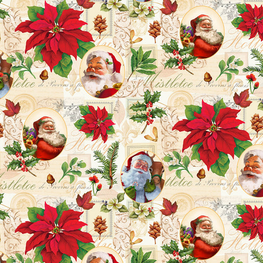 Christmas Legend II Santa & Poinsettia Cream Bruce Park Henry Glass Cotton Fabric