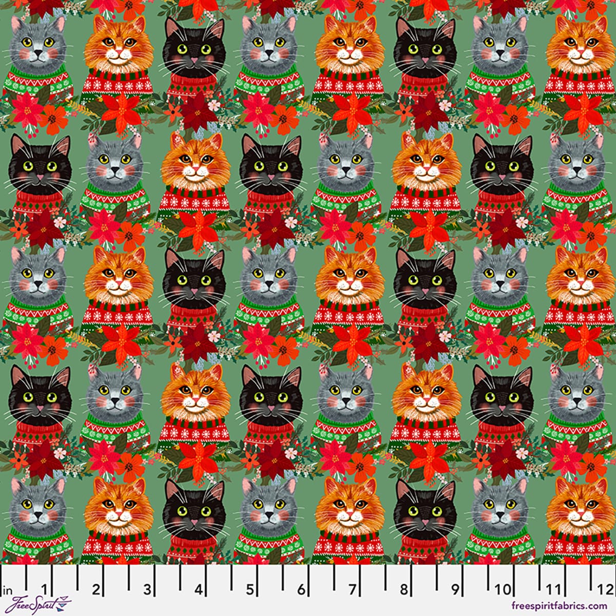 Christmas Pets Christmas Cats Sage Green Mia Charro Free Spirit Cotton Fabric FS-PWMC109.XSAGE | US Fabric Shop