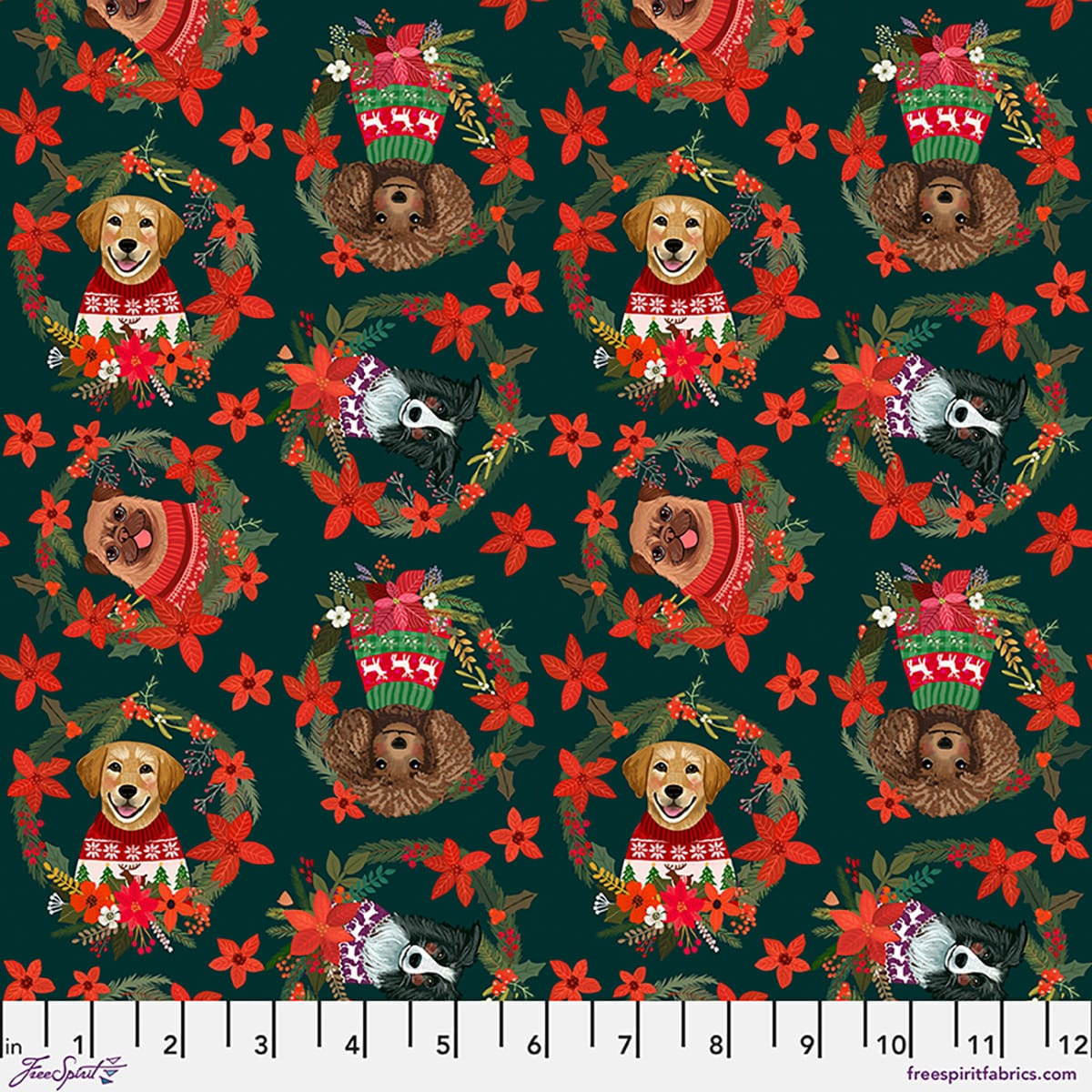 Christmas Pets Christmas Dogs Spruce Green Mia Charro Free Spirit Cotton Fabric FS-PWMC108.XSPRUCE | US Fabric Shop