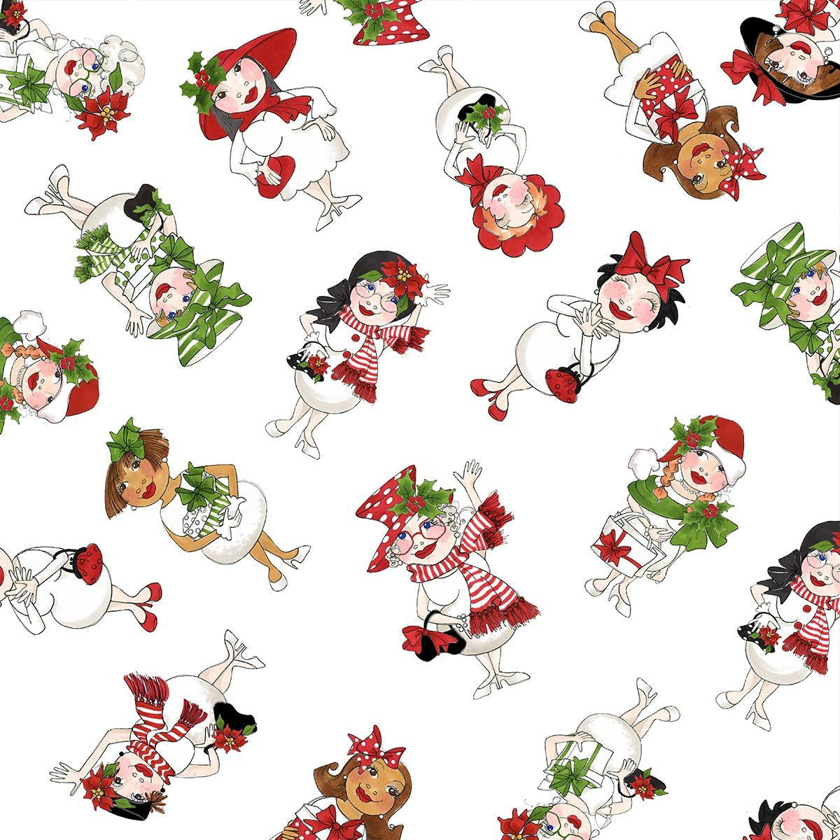 Christmas Snowball Ladies Tossed White Loralie Designs Cotton Fabric