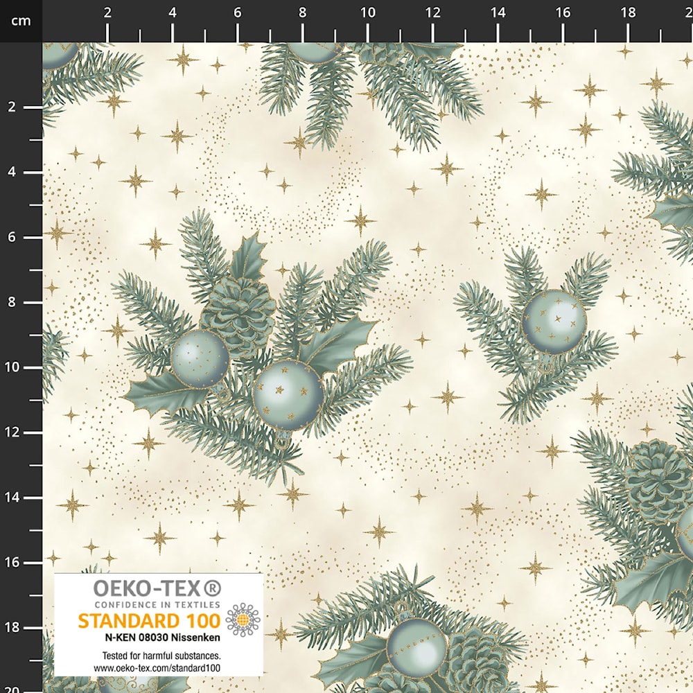 Christmas Time Metallic Holly Berry Sprigs Ornaments Cream Green Stof Cotton Fabric STOF-4593-016