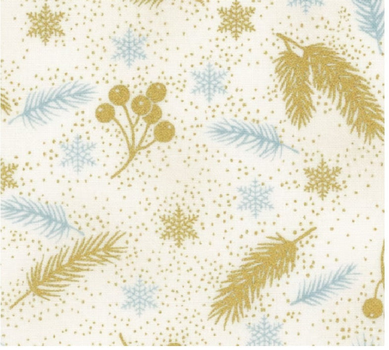 Christmas Time Metallic Snowflakes Pine Branch Cream Teal Gold Stof Cotton Fabric STOF-4593-019