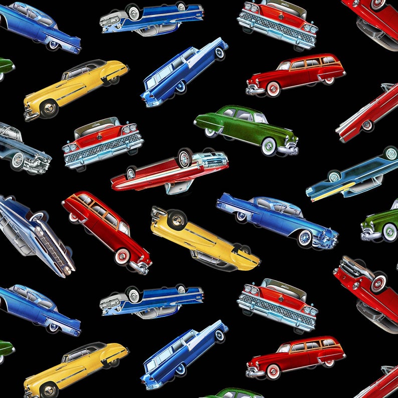 Classic Cars Get Your Kicks Black Car Collection Timeless Treasures Cotton Fabric TT-C7983 Black