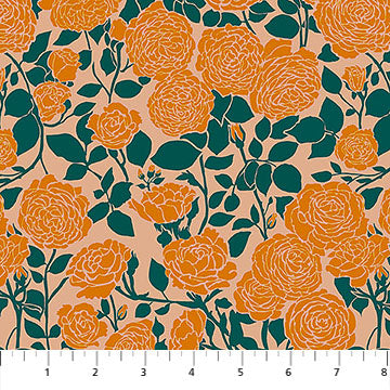 Clean Cut Spinout Rose Floral Memory Orange Dark Green Anna Marie Textiles Northcott Cotton Fabric NC-AMT186-23V
