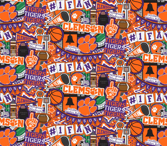 Clemson Tigers NCAA College Doodle Allover Sammy Sykel Cotton Fabric CLEM-2001