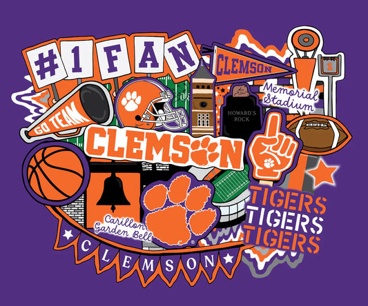 Clemson Tigers NCAA College Doodle Panel 36''x43'' Sammy Sykel Enterprises Cotton Fabric SYK-CLEM-2000
