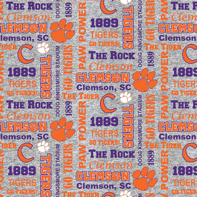 Clemson Tigers NCAA College Heather Verbiage Sykel Enterprises Polyester Fleece Fabric CLEM-1162