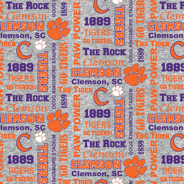 Clemson Tigers NCAA College Heather Verbiage Sykel Enterprises Polyester Fleece Fabric CLEM-1162 | US Fabric Shop