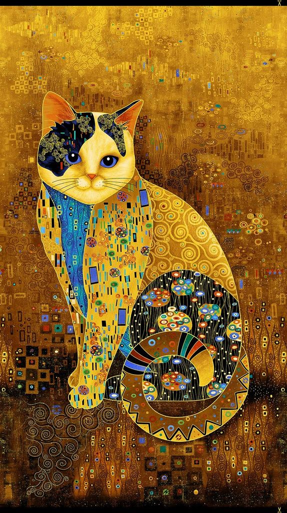 Cleo The Multiverse Golden Bejeweled Cat Panel 24" Gold Chong-A Hwang Timeless Treasures Cotton fabric TT-CLEO-CM1880-Gold