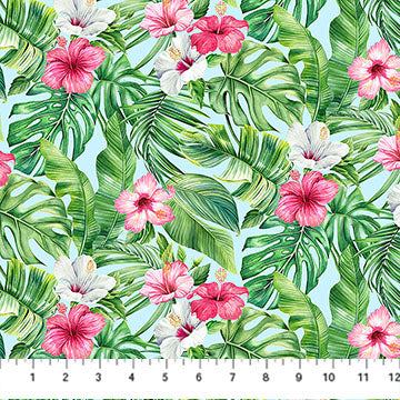 Coastal Breeze Hibiscus Turquoise Multi Northcott Studio Cotton Fabric NC-DP28558-62