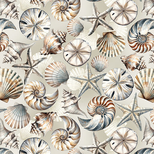 Coastal Escape Shells Neutral Nicole Decamp Benartex Cotton Fabric BE-15020-70