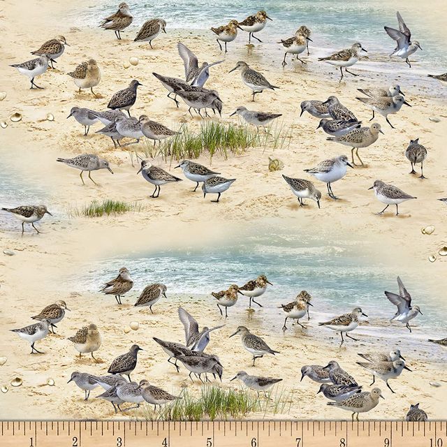 Coastal Scene Dreams Sandpipers birds Sand Elizabeth's Studio Cotton Fabric ES-593-Sand