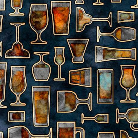 Cocktail Hour Drinks Glass Pint Navy Dan Morris Quilting Treasures Cotton Fabric QT-2600-28716-N