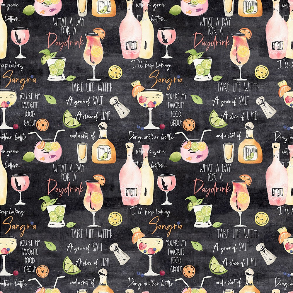 Charcuterie and Cheese Chalkboard Cocktail Allover Black Print Concepts Cotton Fabric