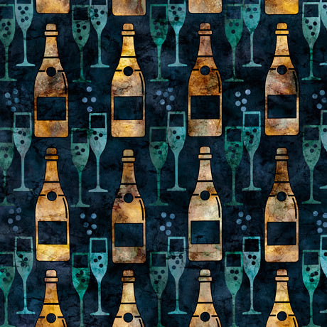 Cocktail Hour Champagne Bottle and Glass Navy Dan Morris Quilting Treasures Cotton Fabric