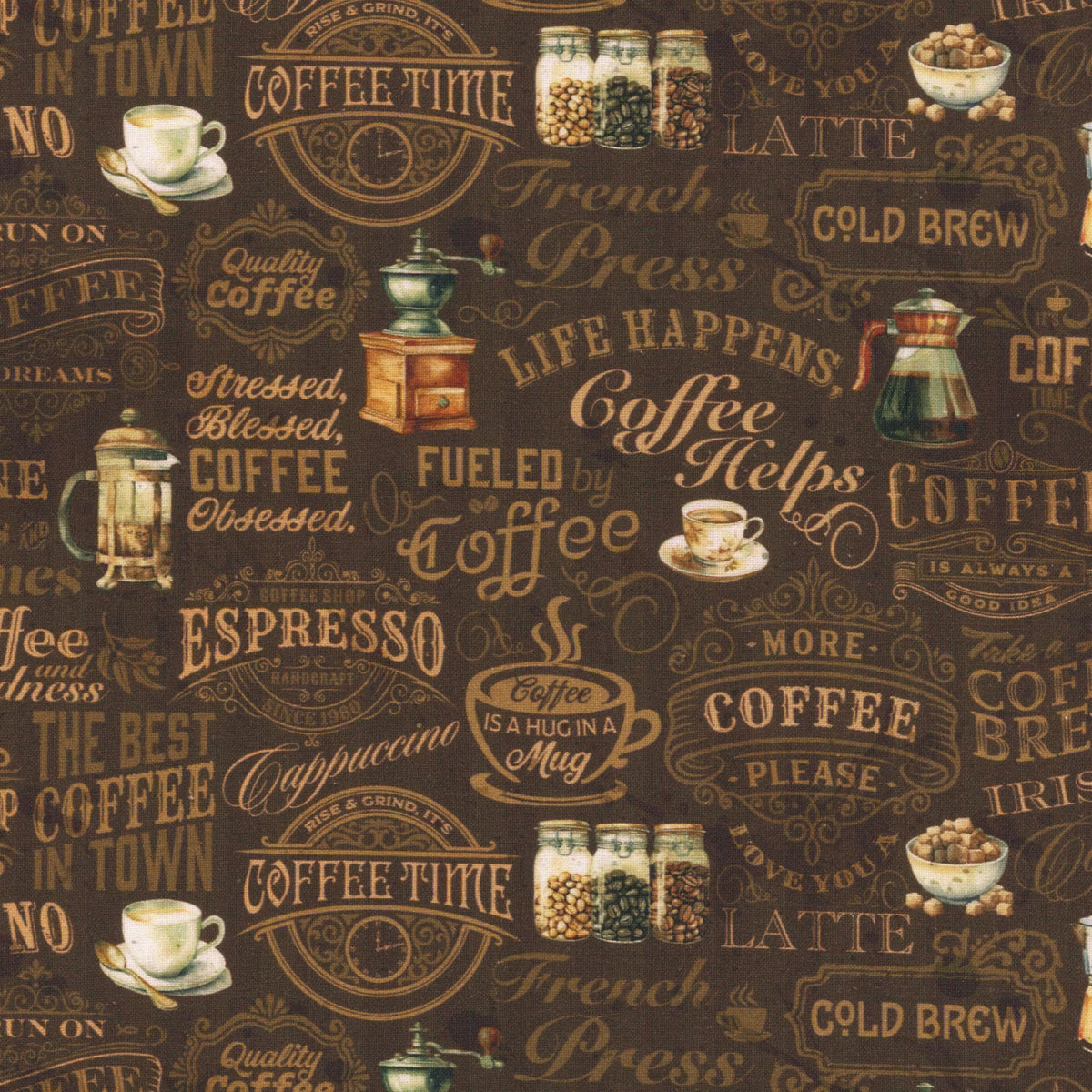 Coffee Time Text Motifs Brown Riley Blake Designs Cotton Quilting Fabric RB-C17132-BROWN