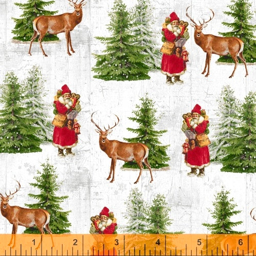 Comfort & Joy Old World Santa and Reindeer White Katie Pertiet Windham Fabrics Cotton Fabric WF-51884-1